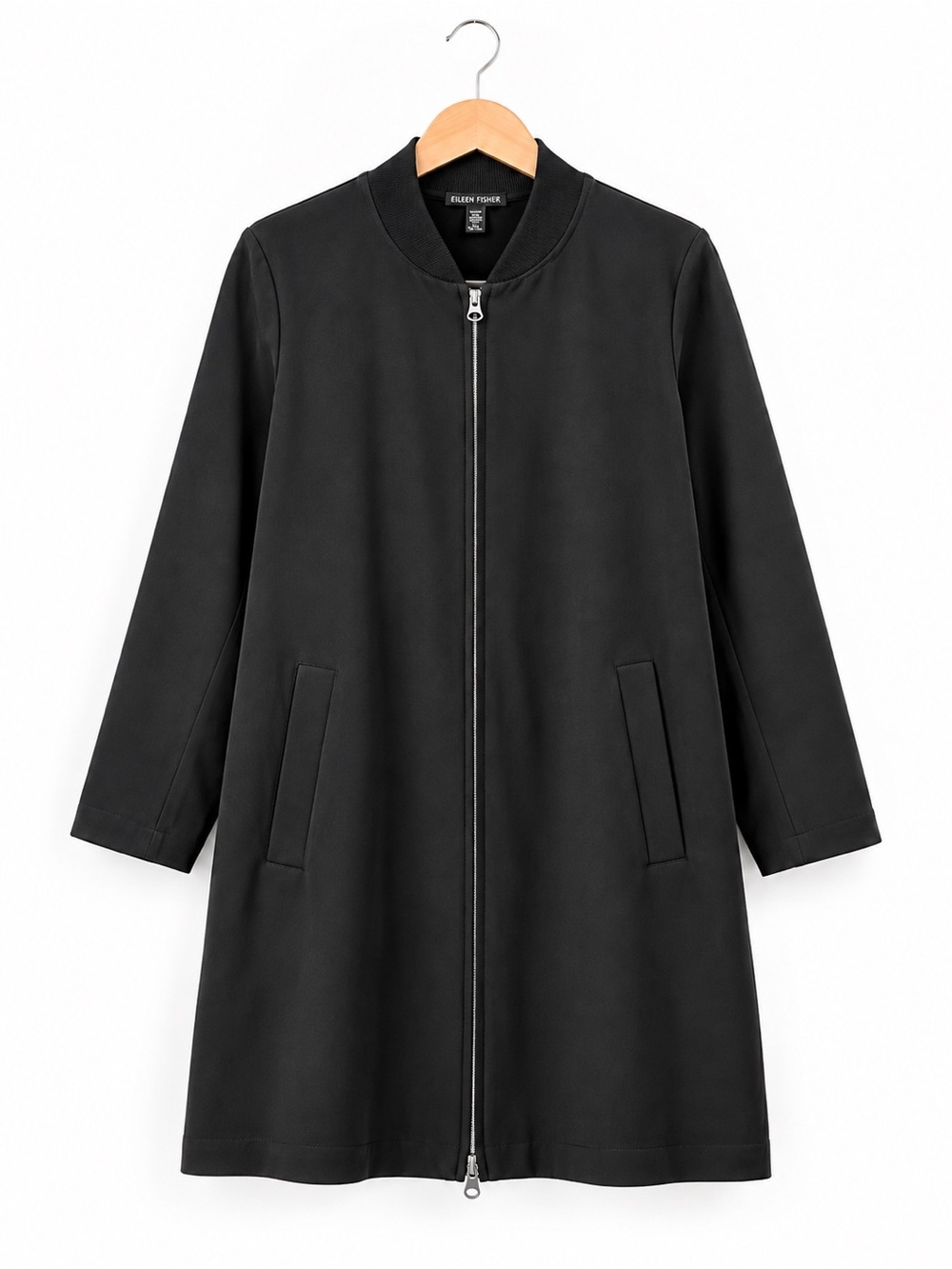 Eileen Fisher Black Long Bomber Jacket XS Zip Front